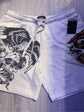 Ed Hardy White Men's Graphic Athletic Shorts with Tiger & Skull withEagle Motifs